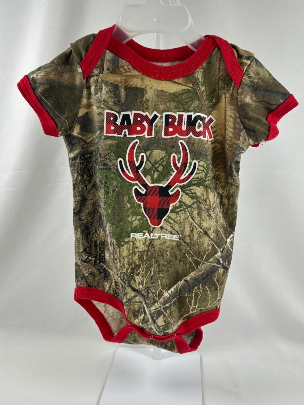 RealTree Onesie with Camo and Black and Red Buffalo Plaid Design, Size 3-6 mo.